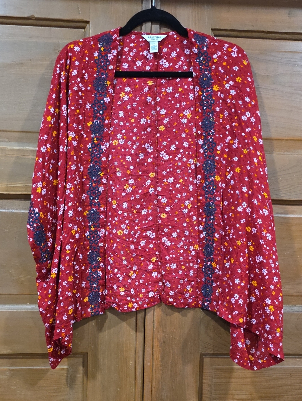 Arizona Jean Company Red Floral Open-Front Cardigan with Navy Trim